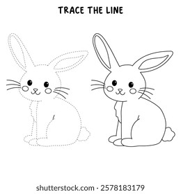 Doodle rabbit coloring pages for kids. Trace and color cute rabbit. Rabbit in spring garden. Cute rabbit easter isolated on white background. Kindergarten and preschool worksheets for kids printable. 