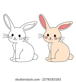 Doodle rabbit coloring pages for kids. Trace and color cute rabbit. Rabbit in spring garden. Cute rabbit easter isolated on white background. Kindergarten and preschool worksheets for kids printable. 