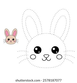 Doodle rabbit coloring pages for kids. Trace and color cute rabbit. Rabbit in spring garden. Cute rabbit easter isolated on white background. Kindergarten and preschool worksheets for kids printable. 