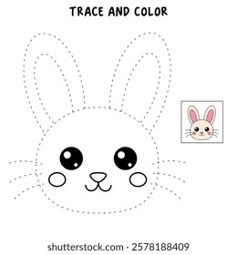 Doodle rabbit coloring pages for kids. Trace and color cute rabbit. Rabbit in spring garden. Cute rabbit easter isolated on white background. Kindergarten and preschool worksheets for kids printable. 