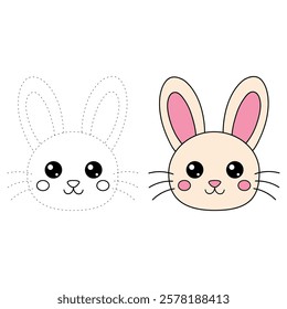 Doodle rabbit coloring pages for kids. Trace and color cute rabbit. Rabbit in spring garden. Cute rabbit easter isolated on white background. Kindergarten and preschool worksheets for kids printable. 