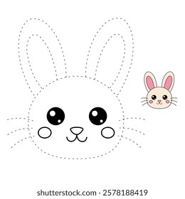 Doodle rabbit coloring pages for kids. Trace and color cute rabbit. Rabbit in spring garden. Cute rabbit easter isolated on white background. Kindergarten and preschool worksheets for kids printable. 