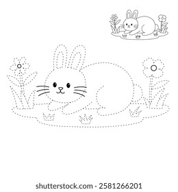 Doodle rabbit coloring pages for kids. Trace and color cute rabbit. Rabbit in spring garden. Cute rabbit easter isolated on white background. Kindergarten and preschool worksheets for kids printable. 