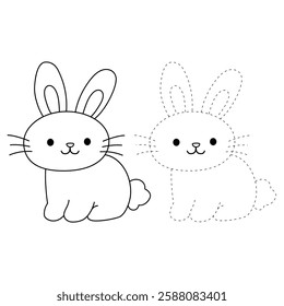 Doodle rabbit coloring pages for kids. Trace and color cute rabbit. Cute rabbit easter isolated on white background. Kindergarten and preschool worksheets printable for kids. Cute bunny. 