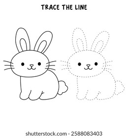 Doodle rabbit coloring pages for kids. Trace and color cute rabbit. Cute rabbit easter isolated on white background. Kindergarten and preschool worksheets printable for kids. Cute bunny. 