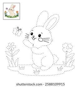 Doodle rabbit coloring pages for kids. Trace and color cute rabbit. Rabbit in spring garden. Cute rabbit easter isolated on white background. Kindergarten and preschool worksheets for kids printable. 