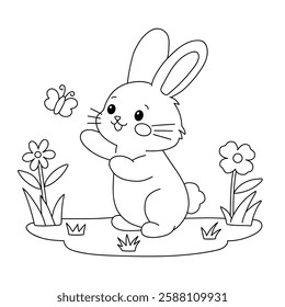Doodle rabbit coloring pages for kids. Trace and color cute rabbit. Rabbit in spring garden. Cute rabbit easter isolated on white background. Kindergarten and preschool worksheets for kids printable. 