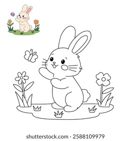Doodle rabbit coloring pages for kids. Trace and color cute rabbit. Rabbit in spring garden. Cute rabbit easter isolated on white background. Kindergarten and preschool worksheets for kids printable. 