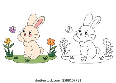 Doodle rabbit coloring pages for kids. Trace and color cute rabbit. Rabbit in spring garden. Cute rabbit easter isolated on white background. Kindergarten and preschool worksheets for kids printable. 
