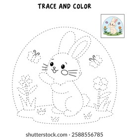 Doodle rabbit coloring pages for kids. Trace and color cute rabbit. Rabbit in spring garden. Cute rabbit easter isolated on white background. Kindergarten and preschool worksheets for kids printable. 