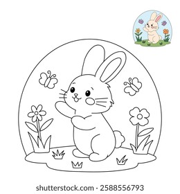 Doodle rabbit coloring pages for kids. Trace and color cute rabbit. Rabbit in spring garden. Cute rabbit easter isolated on white background. Kindergarten and preschool worksheets for kids printable. 