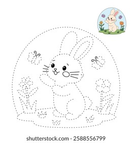 Doodle rabbit coloring pages for kids. Trace and color cute rabbit. Rabbit in spring garden. Cute rabbit easter isolated on white background. Kindergarten and preschool worksheets for kids printable. 