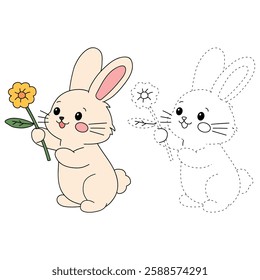 Doodle rabbit coloring pages for kids. Trace and color cute rabbit. Rabbit in spring garden. Cute rabbit easter isolated on white background. Kindergarten and preschool worksheets for kids printable. 