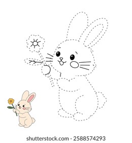 Doodle rabbit coloring pages for kids. Trace and color cute rabbit. Rabbit in spring garden. Cute rabbit easter isolated on white background. Kindergarten and preschool worksheets for kids printable. 