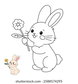 Doodle rabbit coloring pages for kids. Trace and color cute rabbit. Rabbit in spring garden. Cute rabbit easter isolated on white background. Kindergarten and preschool worksheets for kids printable. 