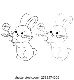Doodle rabbit coloring pages for kids. Trace and color cute rabbit. Rabbit in spring garden. Cute rabbit easter isolated on white background. Kindergarten and preschool worksheets for kids printable. 
