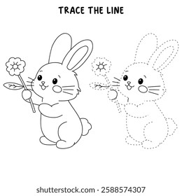 Doodle rabbit coloring pages for kids. Trace and color cute rabbit. Rabbit in spring garden. Cute rabbit easter isolated on white background. Kindergarten and preschool worksheets for kids printable. 