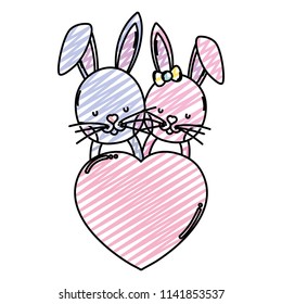 doodle rabbit couple with heart love sign