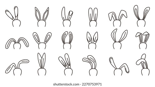 Doodle rabbit ears. Tiny sketch bunny various ear, black easter decorations. Abstract fun decorative elements, isolated play neoteric vector set