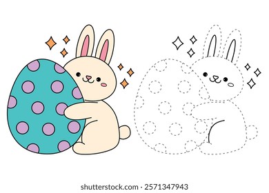Doodle rabbit with easter egg clipart vector. Easter bunny coloring pages printable for kids activity, Kindergarten and preschool. Trace and color Easter bunny worksheets. 