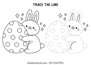 Doodle rabbit with easter egg clipart vector. Easter bunny coloring pages printable for kids activity, Kindergarten and preschool. Trace and color Easter bunny worksheets. 