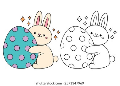 Doodle rabbit with easter egg clipart vector. Easter bunny coloring pages printable for kids activity, Kindergarten and preschool. Trace and color Easter bunny worksheets. 