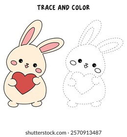 Doodle rabbit with heart valentine day clipart vector. Rabbit with heart coloring page for valentine day theme. Valentine day card printable. Trace and color rabbit coloring page worksheets. 