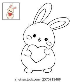 Doodle rabbit with heart valentine day clipart vector. Rabbit with heart coloring page for valentine day theme. Valentine day card printable. Trace and color rabbit coloring page worksheets. 