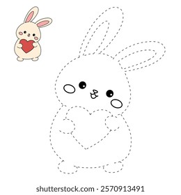 Doodle rabbit with heart valentine day clipart vector. Rabbit with heart coloring page for valentine day theme. Valentine day card printable. Trace and color rabbit coloring page worksheets. 