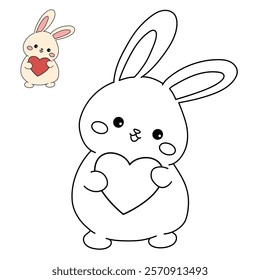 Doodle rabbit with heart valentine day clipart vector. Rabbit with heart coloring page for valentine day theme. Valentine day card printable. Trace and color rabbit coloring page worksheets. 