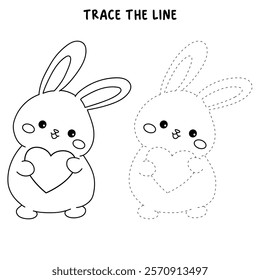 Doodle rabbit with heart valentine day clipart vector. Rabbit with heart coloring page for valentine day theme. Valentine day card printable. Trace and color rabbit coloring page worksheets. 