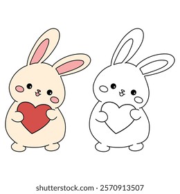 Doodle rabbit with heart valentine day clipart vector. Rabbit with heart coloring page for valentine day theme. Valentine day card printable. Trace and color rabbit coloring page worksheets. 