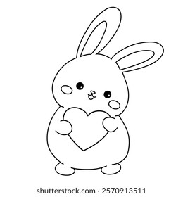 Doodle rabbit with heart valentine day clipart vector. Rabbit with heart coloring page for valentine day theme. Valentine day card printable. Trace and color rabbit coloring page worksheets. 