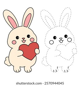 Doodle rabbit with heart valentine day clipart vector. Rabbit with heart coloring page for valentine day theme. Valentine day card printable. Trace and color rabbit worksheets. 