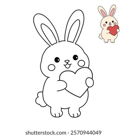 Doodle rabbit with heart valentine day clipart vector. Rabbit with heart coloring page for valentine day theme. Valentine day card printable. Trace and color rabbit worksheets. 