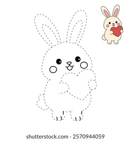 Doodle rabbit with heart valentine day clipart vector. Rabbit with heart coloring page for valentine day theme. Valentine day card printable. Trace and color rabbit worksheets. 