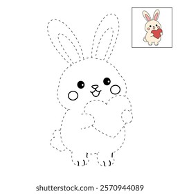 Doodle rabbit with heart valentine day clipart vector. Rabbit with heart coloring page for valentine day theme. Valentine day card printable. Trace and color rabbit worksheets. 