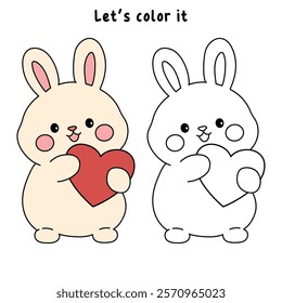 Doodle rabbit with heart valentine day clipart vector. Rabbit with heart coloring page for valentine day theme. Valentine day card printable. Trace and color rabbit worksheets. 