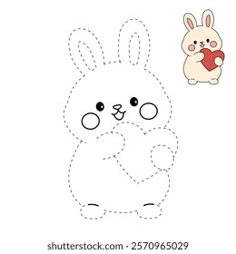 Doodle rabbit with heart valentine day clipart vector. Rabbit with heart coloring page for valentine day theme. Valentine day card printable. Trace and color rabbit worksheets. 