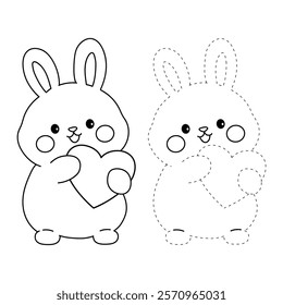 Doodle rabbit with heart valentine day clipart vector. Rabbit with heart coloring page for valentine day theme. Valentine day card printable. Trace and color rabbit worksheets. 