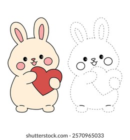 Doodle rabbit with heart valentine day clipart vector. Rabbit with heart coloring page for valentine day theme. Valentine day card printable. Trace and color rabbit worksheets. 