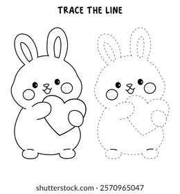 Doodle rabbit with heart valentine day clipart vector. Rabbit with heart coloring page for valentine day theme. Valentine day card printable. Trace and color rabbit worksheets. 