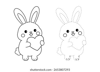 Rabiscar coelho com coração dia dos namorados vetor clipart. Coelho com página de coloração do coração para o tema de dia dos namorados cartão de dia dos namorados imprimível. Planilhas de coelho de traço e cor. 