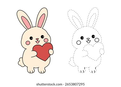 Rabiscar coelho com coração dia dos namorados vetor clipart. Coelho com página de coloração do coração para o tema de dia dos namorados cartão de dia dos namorados imprimível. Planilhas de coelho de traço e cor. 