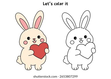 Rabiscar coelho com coração dia dos namorados vetor clipart. Coelho com página de coloração do coração para o tema de dia dos namorados cartão de dia dos namorados imprimível. Planilhas de coelho de traço e cor. 