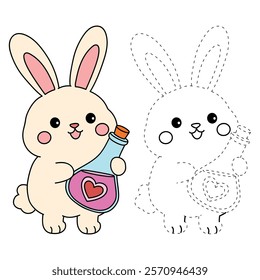 Doodle rabbit with love potion bottle valentine day clipart vector. Rabbit coloring page for valentine day theme. Valentine day card printable. Trace and color rabbit valentine worksheets. 