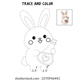 Doodle rabbit with love potion bottle valentine day clipart vector. Rabbit coloring page for valentine day theme. Valentine day card printable. Trace and color rabbit valentine worksheets. 