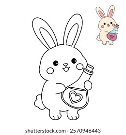 Doodle rabbit with love potion bottle valentine day clipart vector. Rabbit coloring page for valentine day theme. Valentine day card printable. Trace and color rabbit valentine worksheets. 