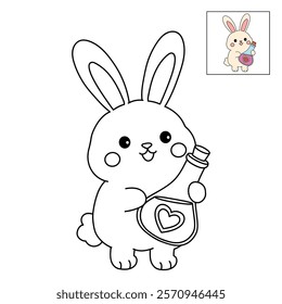 Doodle rabbit with love potion bottle valentine day clipart vector. Rabbit coloring page for valentine day theme. Valentine day card printable. Trace and color rabbit valentine worksheets. 