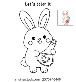 Doodle rabbit with love potion bottle valentine day clipart vector. Rabbit coloring page for valentine day theme. Valentine day card printable. Trace and color rabbit valentine worksheets. 